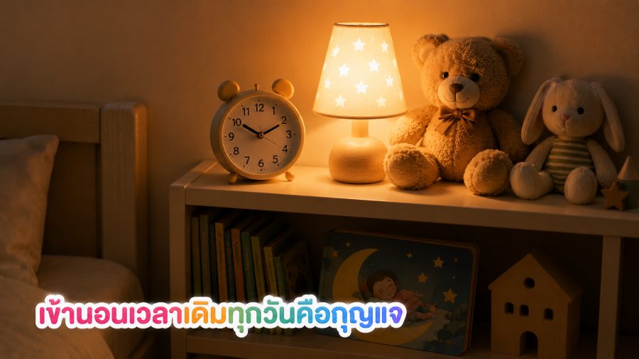 มุมก่อนนอนของเด็กมีนาฬิกาตั้งโต๊ะ โคมไฟ และหนังสือนิทาน