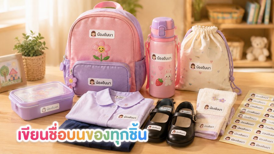 ของใช้เข้าโรงเรียนอนุบาลติดป้ายชื่อจัดเรียงบนโต๊ะ