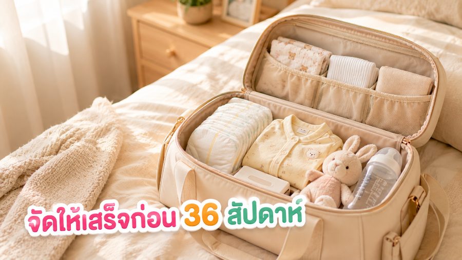 กระเป๋าเตรียมคลอดจัดของใช้ทารกเรียบร้อยวางบนเตียง