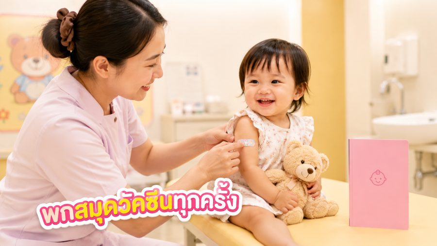 พยาบาลฉีดวัคซีนให้เด็กเล็กพร้อมสมุดวัคซีน
